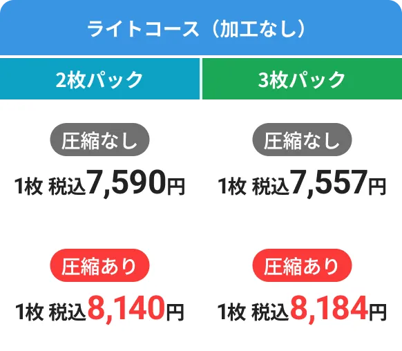 ライトコース（加工なし）料金表