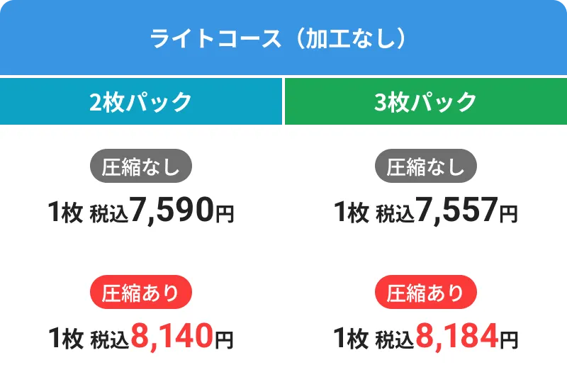 ライトコース（加工なし）料金表